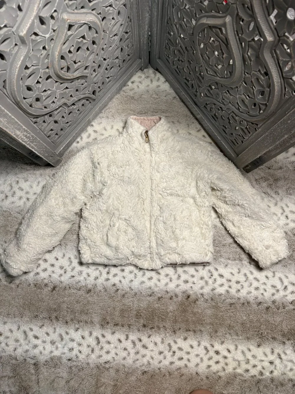 Me Jane reversible puffer jacket girls 5T rose gold sparkly stars faux fur glam